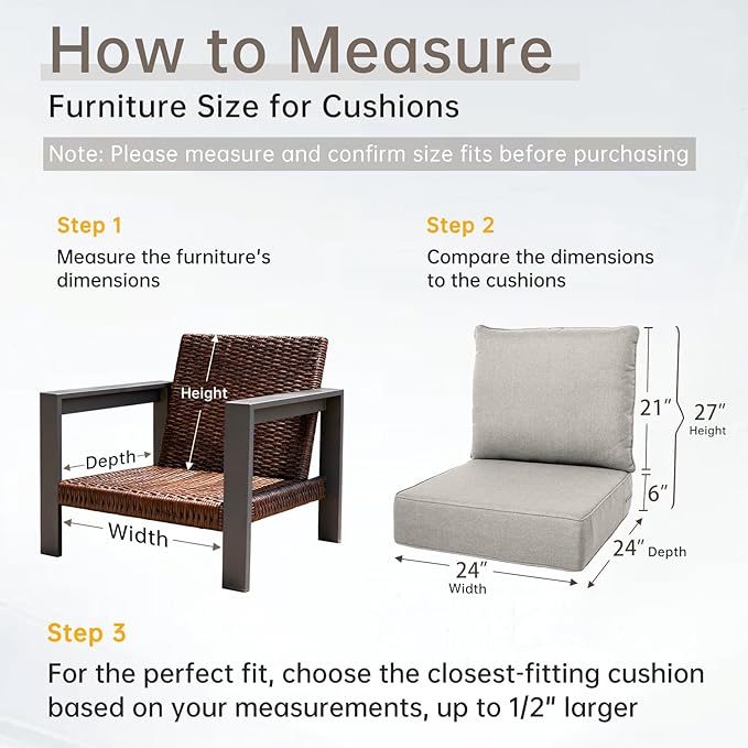 Belord Luxury 6" Thick Outdoor Cushion 2 Set - 24 x24 Inch 28D Sponge Filling Fade-Resistant Chair Cushion, Spill Proof Removable Patio Furniture Replacement Cushion for Sofa Bench Swing - Beige
