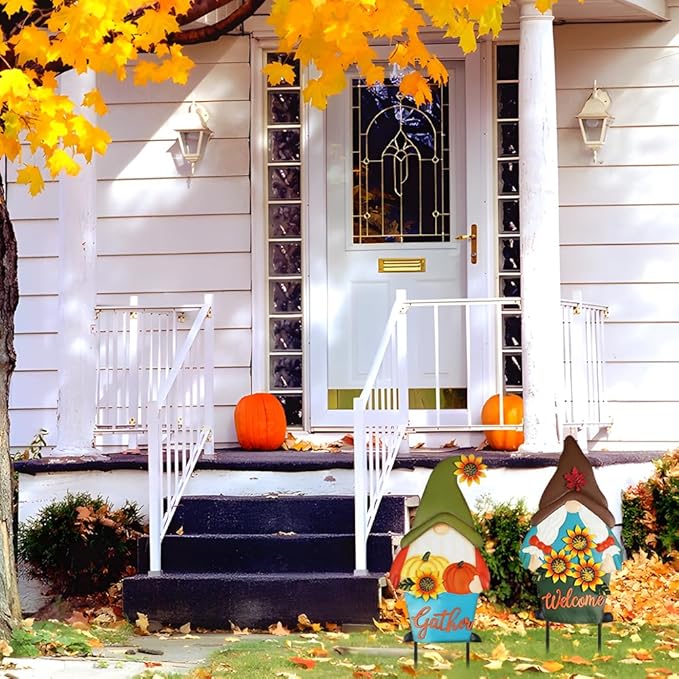 PHITRIC Fall Decorations for Home Outdoor, 2 Pcs Metal Gnome Decorative Garden Stakes with Pumpkins Sunflower for Fall Decor, Yard Signs for Garden Home Lawn Patio Thanksgiving Decorations
