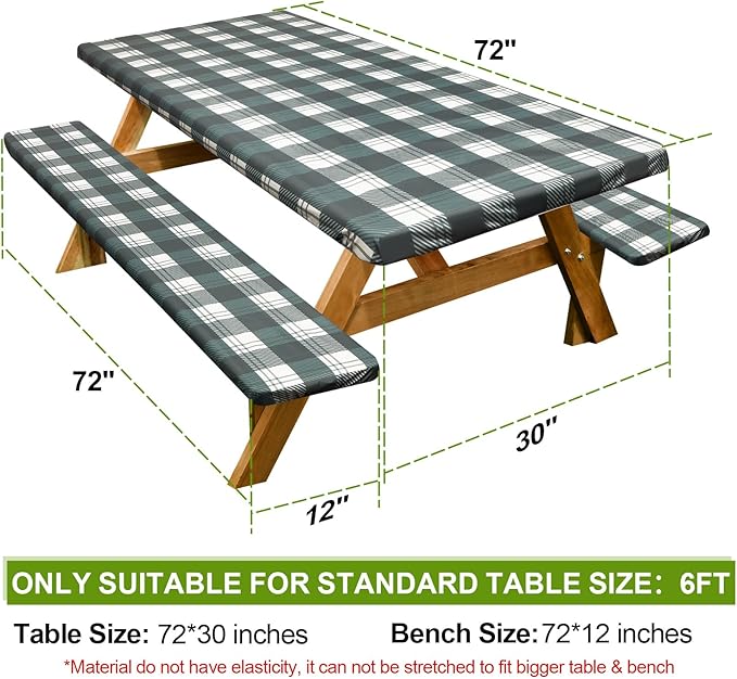 Picnic Table Cover with Bench Covers 6FT 3 Pcs Waterproof Windproof Aesthetic Camping Tablecloth with Drawstring Bag, Fitted for 6 Foot Rectangle Tables and Seats, 72 inch, Blue Green Checkered