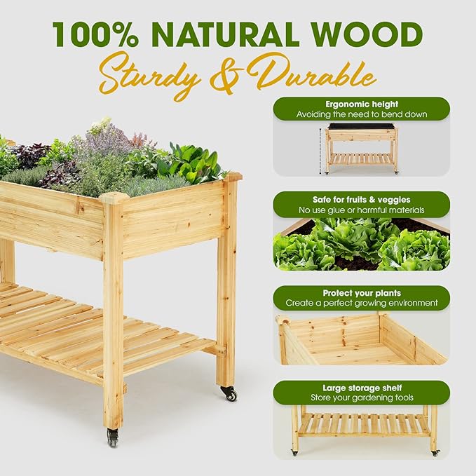 Idzo Raised Garden Bed with Legs, Durable Elevated Garden Box with Wax Oil Coated, 48x24x32in Wood Planter with Big Planter Box Load Up to 260 Pounds, Ergonomic Height for Convenient Plants Care