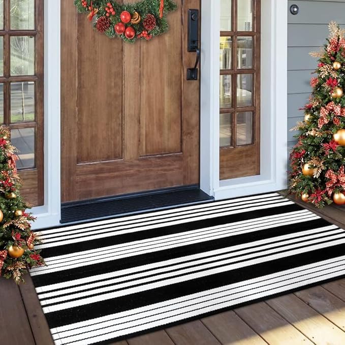 OJIA Black and White Striped Outdoor Rug 24''x51'' Washable Front Door Mat Outdoor Entry Rug Doormat Outside Door Mat Cotton Woven Indoor Area Rugs for Porch/Entryway/Entrance Decor