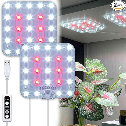 DOMMIA Full Spectrum LED Grow Light for Indoor Plants, 2 Panels 10W with 6/12/16h Timer Dimmable Plant Lights for Flower Veg Plant Growth USB, Daylight White, 2-Pack