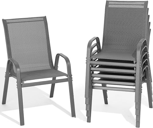 Patio Chairs Set of 6, All Weather Breathable Stackable Outdoor Dining Chairs with High Back and Wide Seat, Easily Set Up Outdoor Chairs Set of 6 with Metal Frame for Backyard Garden Pool, Grey