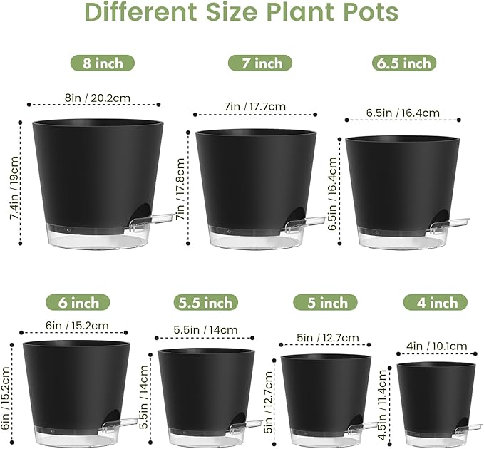 Self Watering Pots Set of 7 – Assorted Size 4" to 8" Indoor Plant Pots with Drainage Holes and Clear Reservoir for Visible Water Level, Plastic Wicking Planter for House Plants & Flower, Black