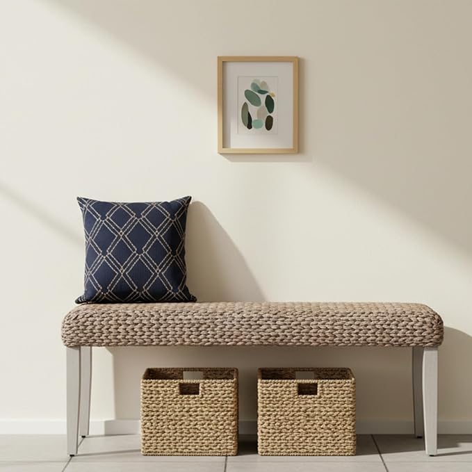Farmhouse Indoor Solid Wood Acacia Benc with Natural Woven Benches Seat, Boho Bench Entryway, Wooden Bench for Bedroom End of Bed or Living Room or Vintage Entryway Bench Seat (Grey, Water Hyacinth)