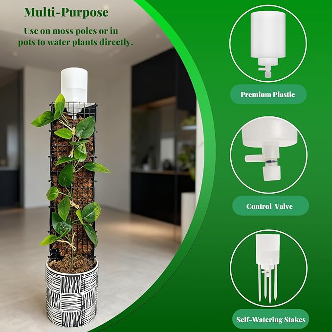 Adjustable Moss Pole Watering Dripper Pro - Self Watering Planter Insert with Flow Control, Plant Watering Globes & Devices, Slow-Release Self Watering Spikes for Monstera/Epipremnum (2, White)