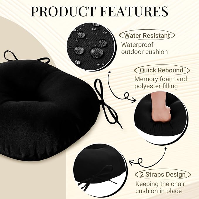 downluxe Bistro Chair Cushions for Patio Furniture, Water-Resistant Round Outdoor Chair Cushions Set of 4 with Non-Slip Ties, 15" x 15", Black
