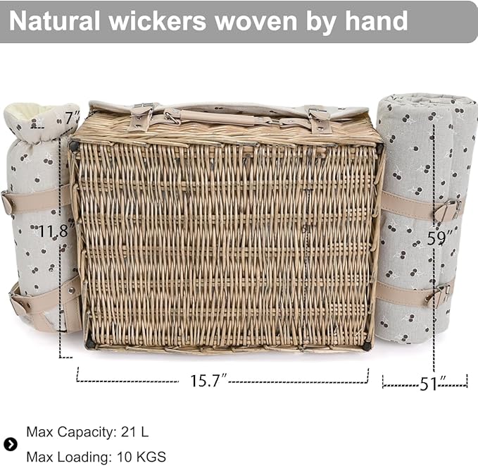 Multifunctional Wicker Picnic Basket Set for 2 with Blanket and Picnic Table, Insulated Picnic Set with Full Tablewares for Camping Outdoor Couples,Cherry