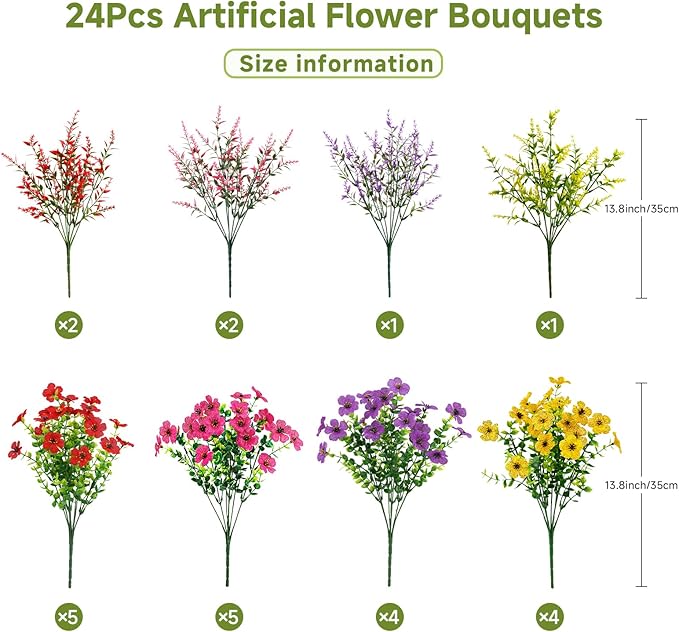 SHareconn 24 Bundles Artificial Flowers for Outdoors Decoration, Faux Plants Fake Silk Colorful Daisy Eucalyptus Lavender, UV Resistant for Outside Home Porch Indoor Spring Decor, RedRosyPurpleYellow