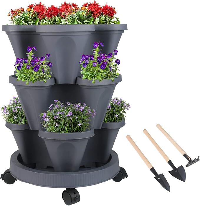 GameXcel Vertical Planter Tower- 3 Tier Stackable Garden Planter with Wheels and Tool Set – Grow Strawberries Herbs Flowers and Vegetables - Indoor Outdoor Use Dark Gray