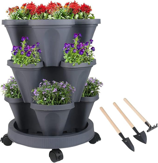 GameXcel Vertical Planter Tower- 3 Tier Stackable Garden Planter with Wheels and Tool Set – Grow Strawberries Herbs Flowers and Vegetables - Indoor Outdoor Use Dark Gray