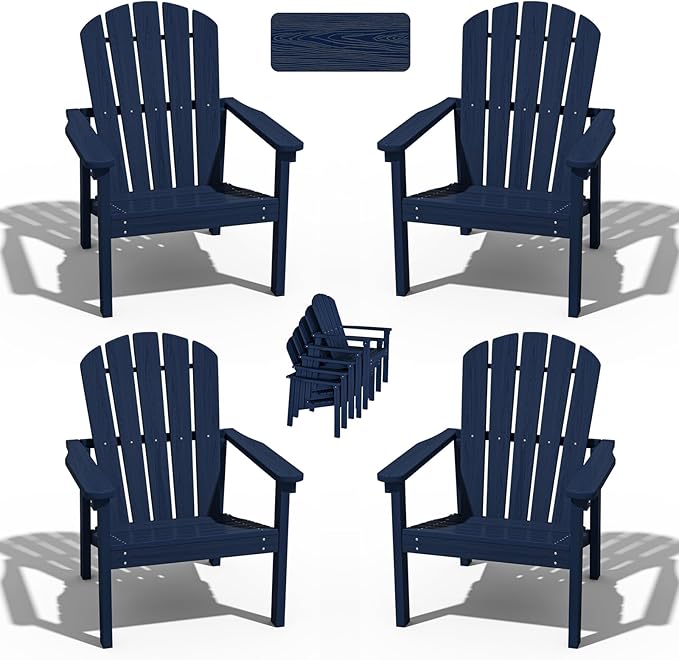 nevilywood Compact Stackable Adirondack Chairs Set of 4, 26.3" Wide HDPE Outdoor Patio Chairs - Durable, Space-Saving Design for Porch, Lawn or Garden, Navy