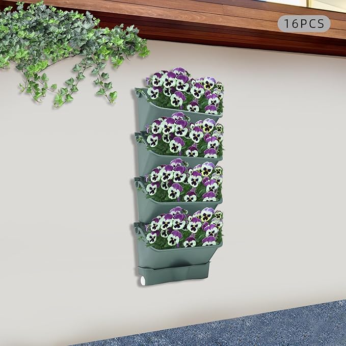 Vertical Wall Planter with 16 Pots, Hanging Garden Plant Flowerpot Holder, Stackable Wall-Mounted Planter, Balcony Planters for Flowers Vegetables Fruits (Army Green, 16 Pots+4 Drainage Planters&Pipe)