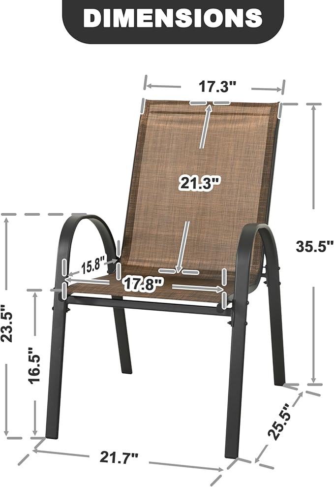NUU GARDEN Set of 4 Patio Dining Chairs Outdoor Stackable Chairs with High Back All Weather Textilene Seats Metal Frame Breathable Garden Chairs for Deck Backyard Brown