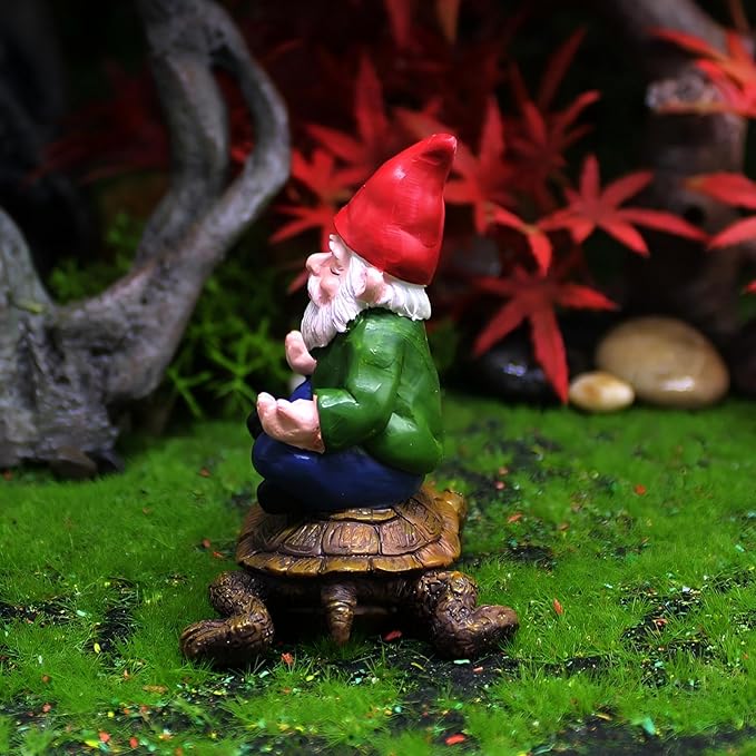 Garden Gnome Meditating on Turtle Statue, Miniature Fairy Garden Decoration, Tiny Gnome Figurine Plant Pot Decor 3 x 2.6 x 2.2 inches