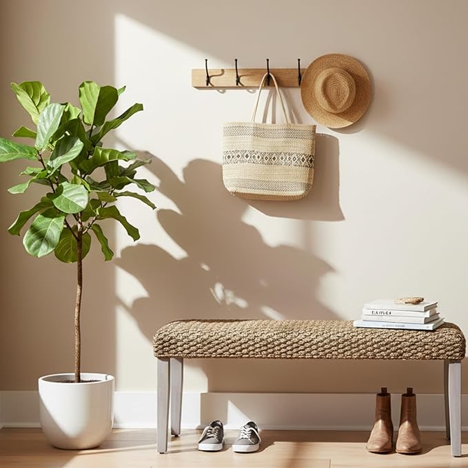 Solid Wood Acacia Bench with Natural Woven Seat, Boho Bench Entryway, Entry Bench Seat, Wood Bench for Living Room, Porch Lawn Garden Yard or Entryway (Grey Leg, Water Hyacinth)