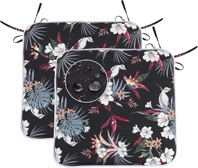 GUEGLSA Outdoor Indoor Waterproof Seat Cushions,16x16 Inches Patio Chair Cushion with Ties,Machine Washable Seat Pad for Home Garden Kitchen Dining Office Chair,Set of 2, White Flower