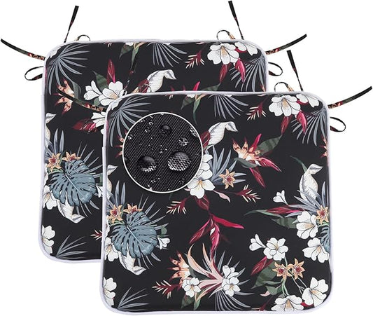 GUEGLSA Outdoor Indoor Waterproof Seat Cushions,16x16 Inches Patio Chair Cushion with Ties,Machine Washable Seat Pad for Home Garden Kitchen Dining Office Chair,Set of 2, White Flower
