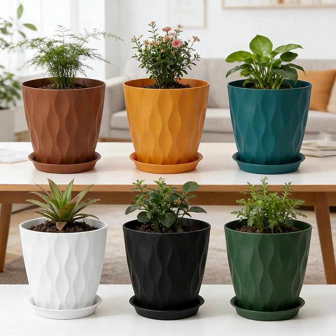 Plant Pots 8 Inch, 6 Pack Plastic Flower Pots for Indoor & Outdoor Plants, Planters with Drainage Holes and Saucer, Garden Pot for Plants (Multicolor)