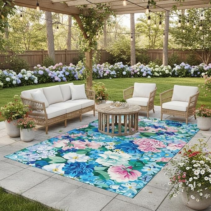 Romantic Teal Blue Pink Flower Pattern 9x12 Outdoor Rug for Patio Porch Balcony Garden Country Rustic Waterproof Washable Outside Carpet Modern Botanical Floral Indoor Outdoor Carpet Floor Covers