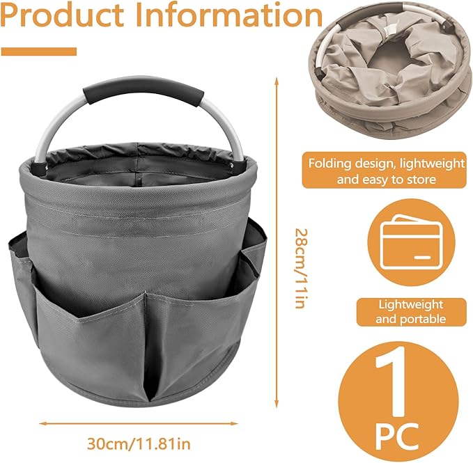 Deep Gray 17 L Picnic Garden Tool Bag with 6 Pockets, Foldable Bucket Organizer for Storage Camping Home Cleaning Products, Portable Garden Caddy Tote with Handle Harvest Basket (Deep Gray)