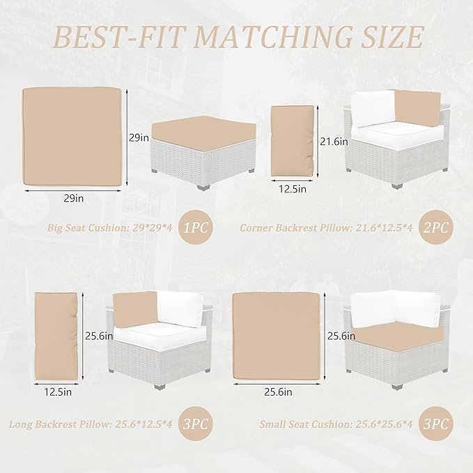 Outdoor Cushions for Patio Furniture with 5 Pillows, Waterproof Patio Furniture Cushions Replacement, 4" Deep Seat Outdoor Sectional Cushions for 4-seat Patio Furniture Chair Sofa Couch,Sand