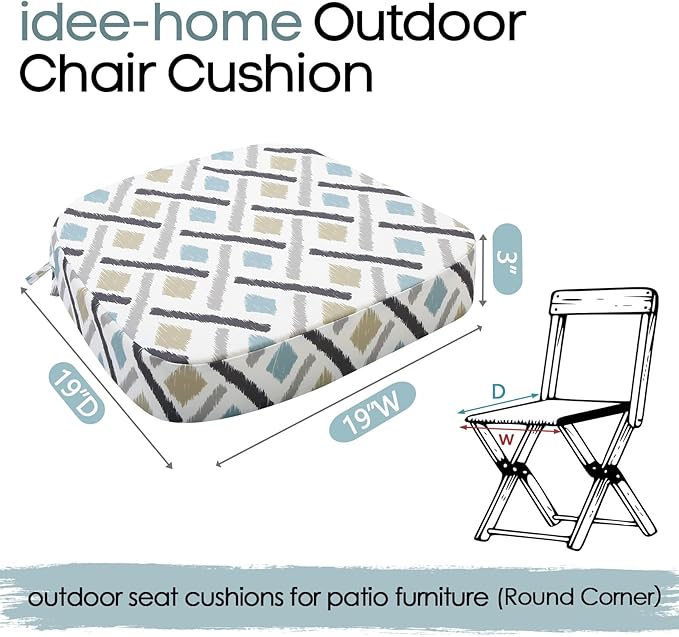 idee-home Outdoor Chair Cushions Set of 2, 19" x 19" x 3" Thick D-Shaped Patio Furniture Outdoor Seat Cushions Waterproof with Ties, Dining Pads
