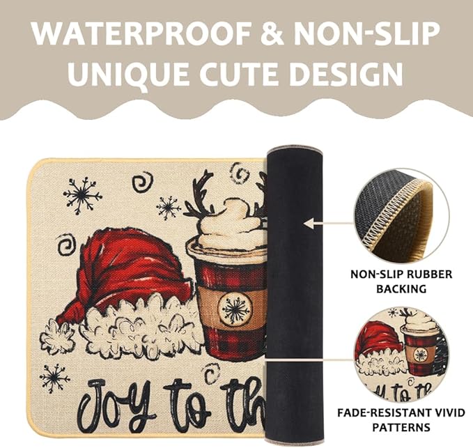 Christmas Welcome Doormat，Winter Outdoor Santa Hat Coffee Xmas Tree Rug Decor Floor Front Door Mat Non-Slip Entrance Mat for Home Kitchen Bathroom Decorations 17 X 29 Inch