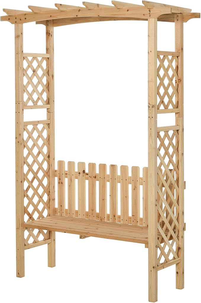 Outsunny Wooden Garden Arbor for Climbing Plants with Garden Bench, Garden Arch to Grow Grapes & Vines, Patio Decor & 2-Person Outdoor Wood Decorative Seating, Natural