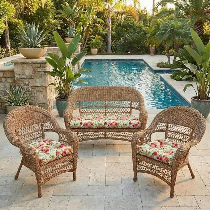RSH DECOR: 3-Piece Wicker Tufted Cushion Set | 44" x 22" Loveseat & 22" x 22" U-Shapes | Outdoor Replacement Cushions | Water & Fade-Resistant Spun Fabric | Made in USA (Bettina Aqua)