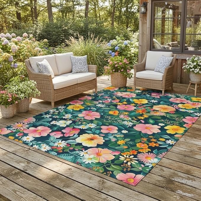 Spring Summer Garden Floral Theme Outdoor Rug for Balcony Patio Deck Porch Backyard Green Leaves Pink Yellow Flowers Area Rugs 4x6 Modern Multicolor Flowers Texture Outside Carpet Camping Mat