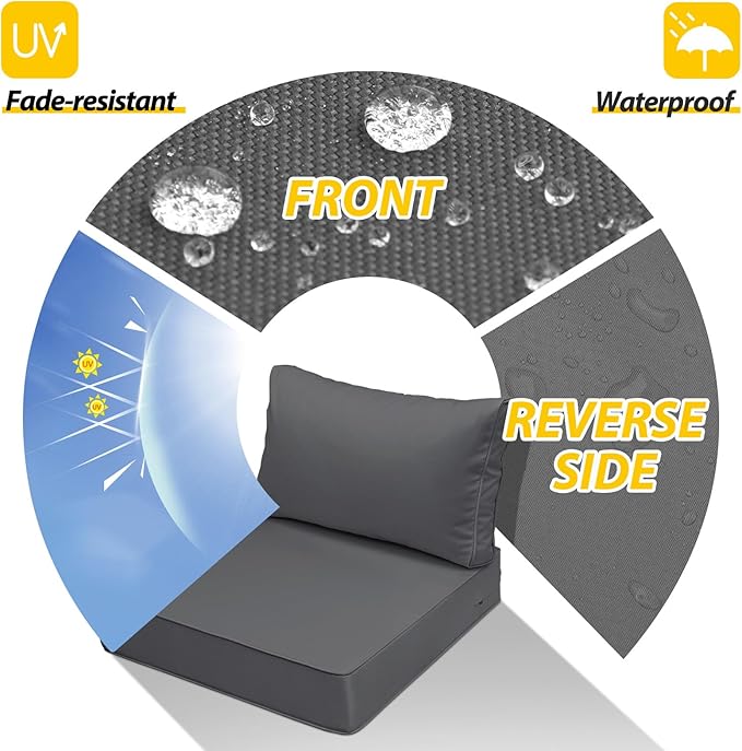 AAAAAcessories Outdoor Seat Cushions for Chairs, Fade-Resistant, Waterproof Patio Furniture Replacement Cushions, 25.5" x 25.5" x 5" + 25.5" x 13.5", Dark Gray