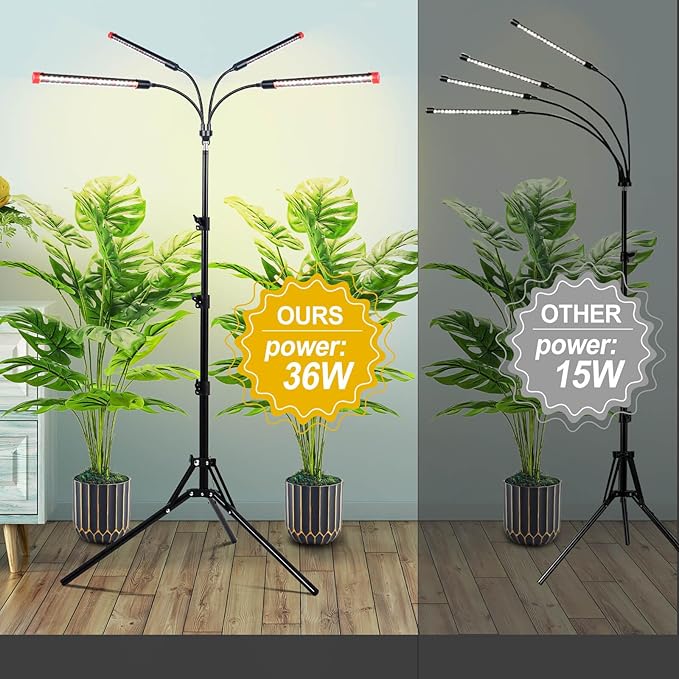 Grow Light with Stand and Timer 4,8,12,16,20 Hr, 36 Watt Standing Tall Plant Light for Bonsai Tree, Seed Starting, 24"-64" Adjustable Tripod Stand Plant Growing Lamps