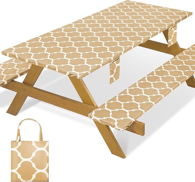 Fitted Waterproof Picnic Table Cover with Bench Covers Elastic Edges Camping Tablecloth for 8 Foot Rectangle Tables Camp Cooking Motorhome Party Equipment Car Rv Travel Trailer Needs Gifts