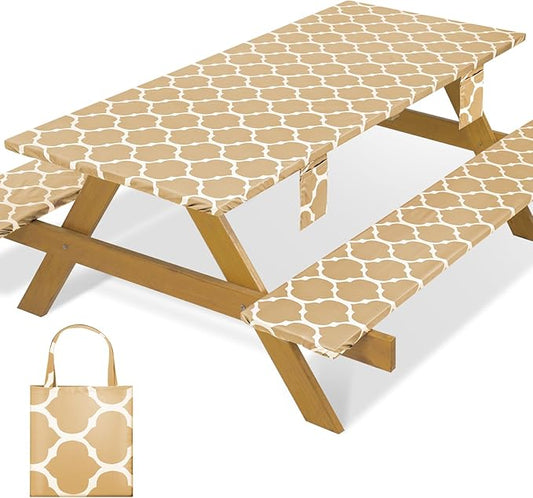 Fitted Waterproof Picnic Table Cover with Bench Covers Elastic Edges Camping Tablecloth for 8 Foot Rectangle Tables Camp Cooking Motorhome Party Equipment Car Rv Travel Trailer Needs Gifts