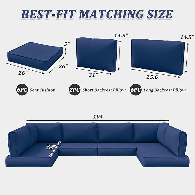 14-Piece Outdoor Cushions for Patio Furniture Thick Outdoor Chair Cushions 5" Foam High-Density Water-Resistant Deep Seat Cushion for 6-Seat Sectional Sets Liner&Cover Blue