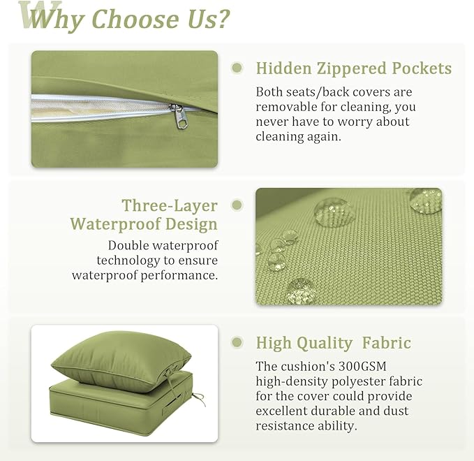 Outdoor Patio Chair Cushions Set 22 L X 24 W X 4 H Waterproof & Fade Resistant Deep Seat and Back Cushions with Removable Covers Outdoor Seat Cushion Set for Chairs and Sofas