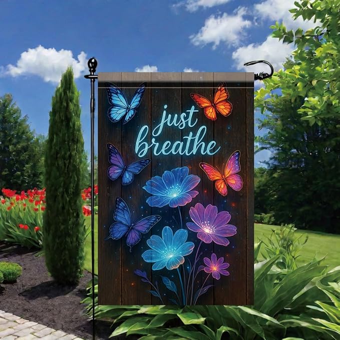 Just Breathe Garden Flag 12x18 Inch Double Sided Outdoor Yard Banner Blue and Orange Butterflies with Glowing Flowers Inspirational Quote Decor for Spring Summer Garden Decoration