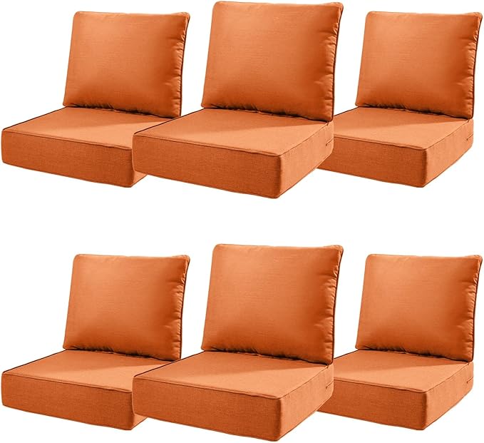 6" Thick Outdoor Cushions 22x24x6, 6-Set Deep Seat Patio Cushions with Removable Cover, Waterproof & Fade Resistant Replacement for Wicker Chair, Loveseat, Sofa - Orange