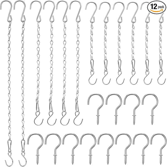 Hotop 12 Set Ceiling Hooks with Hanging Chains for Bird Feeders, Planters, Lanterns, Billboards,Birdbaths, Grow Lights, Chalkboards, Wind Chime and and Other Ornaments, Chain Hook DIY (Silver)