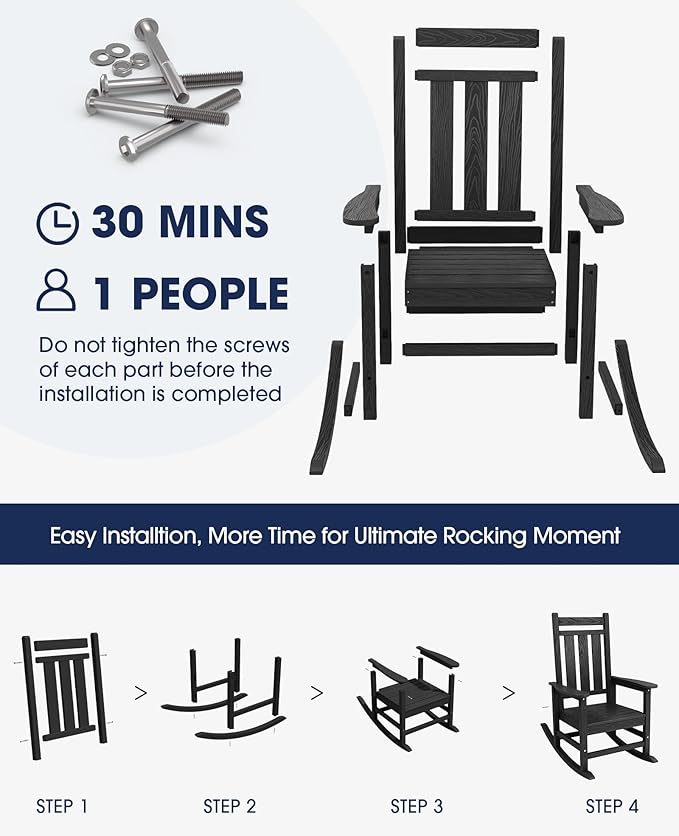 KINGYES Outdoor Rocking Chair Set of 2, All-Weather Patio Rocking Chairs for Porch, HDPE Rocking Outdoor Chairs with High Back for Adult, Heavy Duty Outdoor Patio Rockers for Garden, Lawn, Black