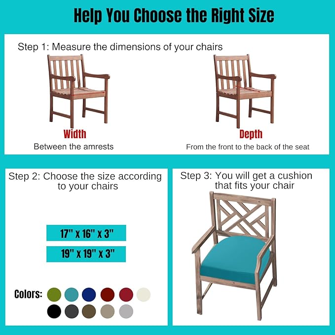 idee-home Outdoor Chair Cushions Set of 2, Thick 19" x 19" x 3" Outdoor Seat Cushions Patio Furniture Waterproof with Ties, Dining Pads