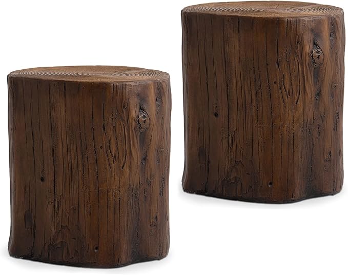 COSIEST 2 Pieses Outdoor Side Table, Hand-Painted Wood Stump Side Table Set of 2, Faux Wood Stool, Ottomans, Plant Stand, Deck or Garden (Black Walnut)