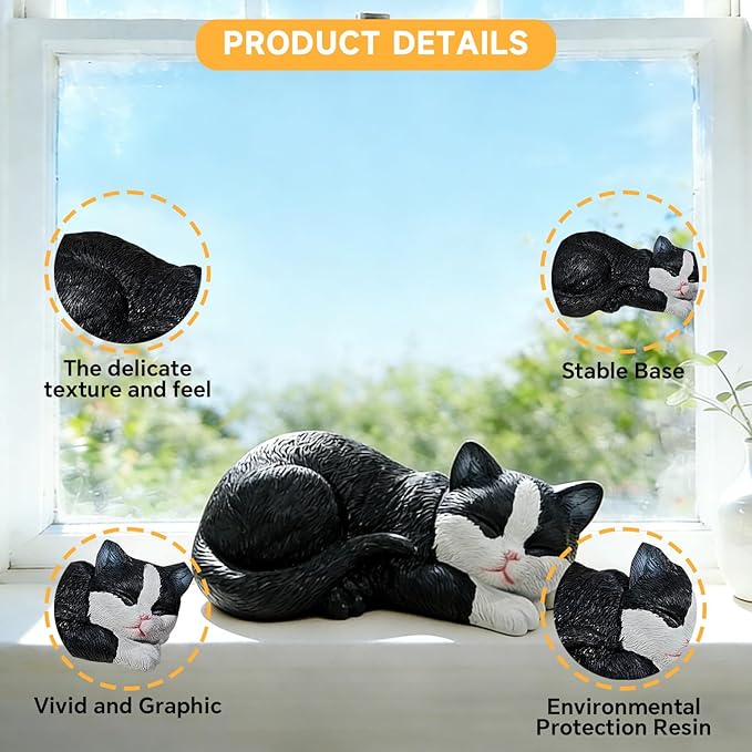 Garden Outdoor Decor Cats Statue, Sleeping Cat Figurines Garden Statues & Sculpture Decor for Patio, Porch and Lawn, Cat Memorial Stone Gifts for Lover and Womens Black
