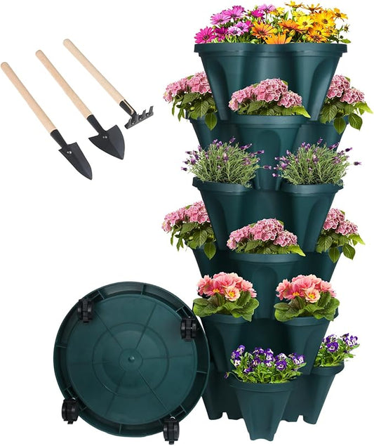 GameXcel Vertical Planter 6 Tier Stackable Planters Garden Planters Strawberry Herb Flower and Vegetable Planter Indoor Outdoor Gardening Pots with Removable Wheels and Tools