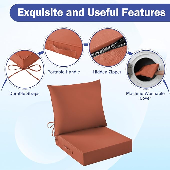 Outdoor Seat Cushion Set, Waterproof & Fade Resistant Patio Chair Cushions, Outdoors Cushion for Patio Furniture, 24 x 24 x 5.75 Inch, Outdoor Couch Cushions with Handle and Ties, Spice