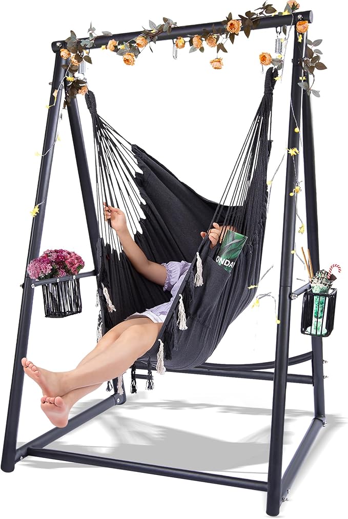 Hammock Chair Hanging Rope Swing & Stand Set with Two Holders, Heavy Duty Hanging Stand with Three Hooks, Multi-Use for Indoor Outdoor Patio Yard Garden(Black & Black)