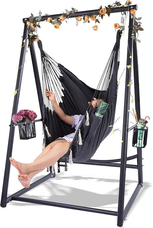 Hammock Chair Hanging Rope Swing & Stand Set with Two Holders, Heavy Duty Hanging Stand with Three Hooks, Multi-Use for Indoor Outdoor Patio Yard Garden(Black & Black)