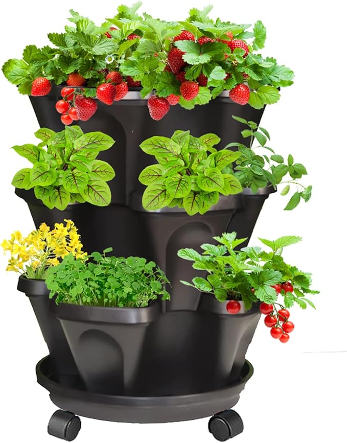 Strawberry Vertical Planter, Stacking Garden Tower, 3 Tiered Stackable Herb Vegetable Planters with Movable Casters and Bottom Saucer Indoor and Outdoor - Black