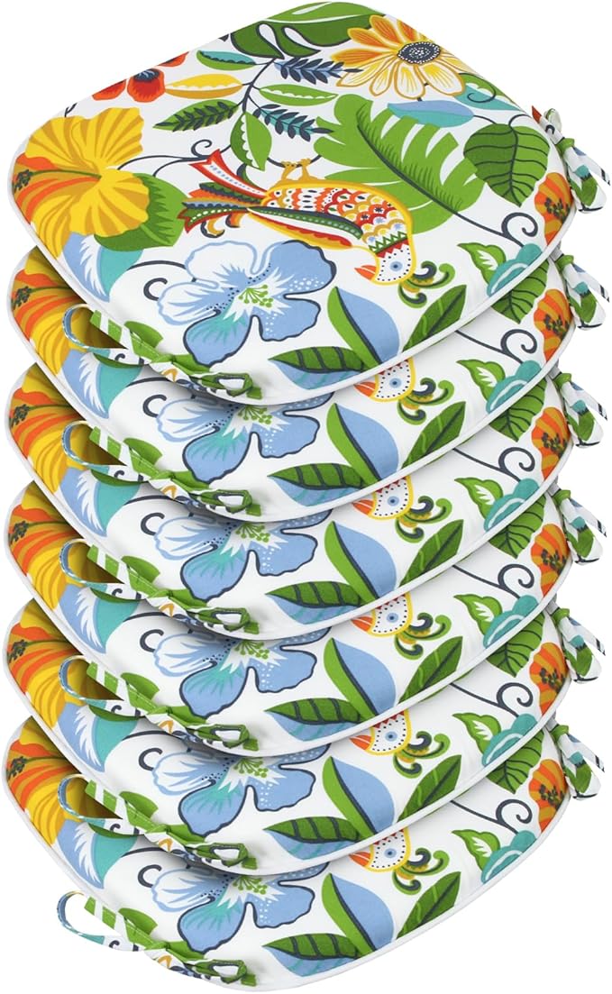 SleepMan Outdoor 17"x16" Chair Cushions with Ties Set of 6, Water Resistant All Weather U-Shape Seat Pads for Patio Garden Furniture Indoor Fade Resistant Patio Cushions (Flower World)